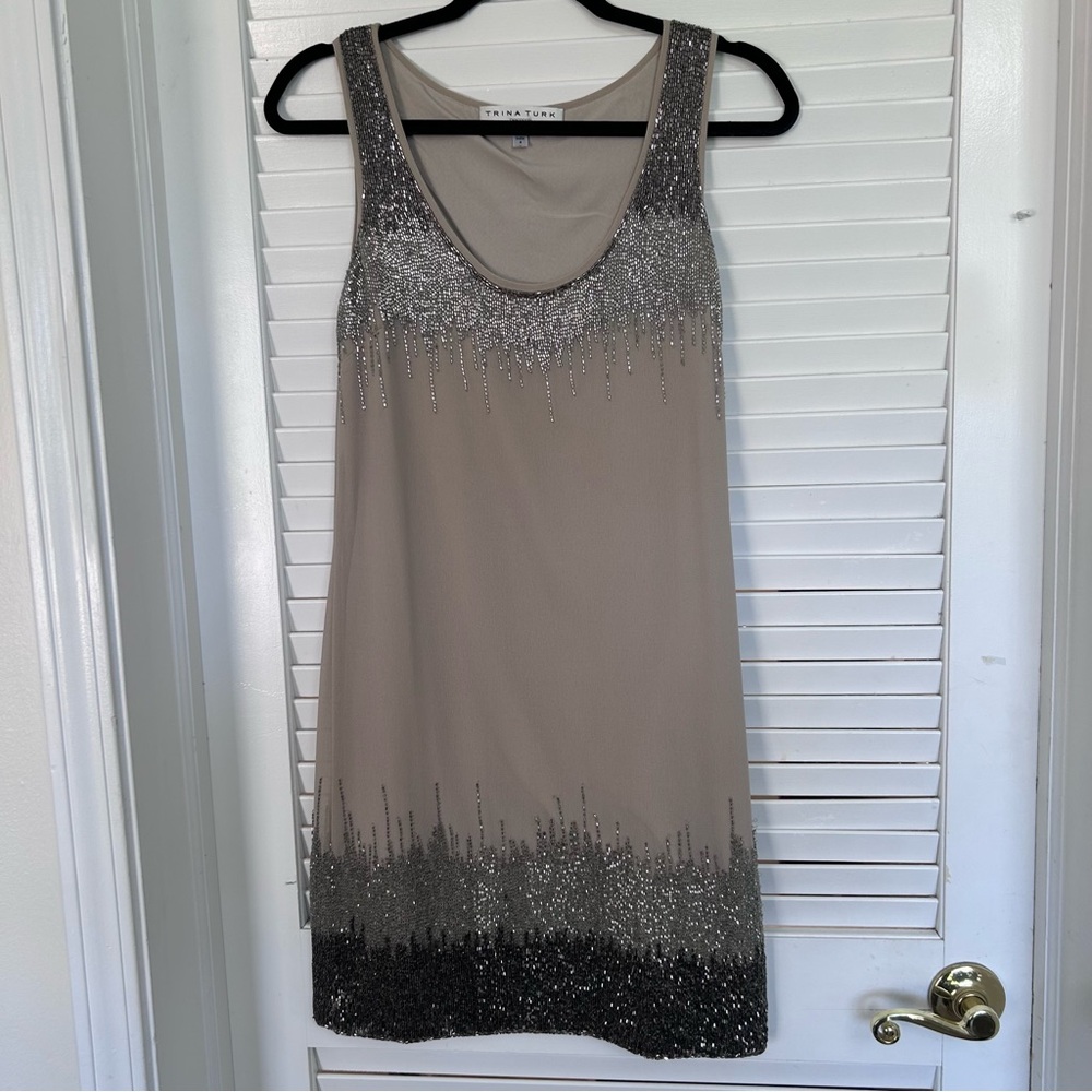 Trina Turk Cocktail Beaded Sleeveless Shift Nude Chocolate Taupe Dress Sz 4